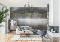 Ethereal Waters Edge Woodland wall decor: hazy landscape, birch trees.
