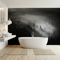 Foggy Forest Woodland wall mural, atmospheric deep woods scenery, grayscale.