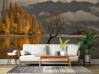 Golden foliage, tranquil waters, Autumn Woodland Dawn Mirror wallpaper design.