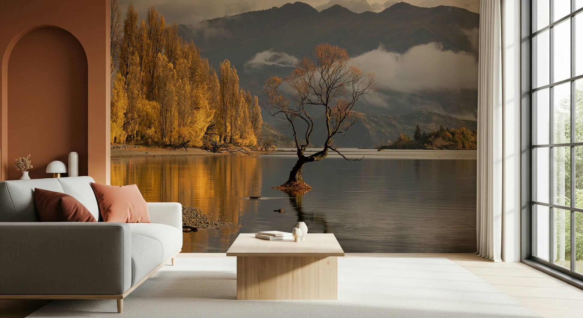 Autumn Woodland Dawn Mirror wall mural, majestic lake view, sunrise colors.