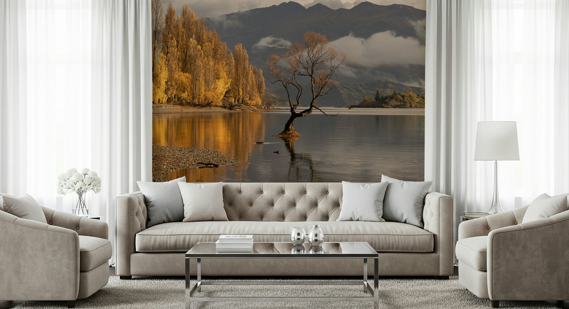 Nature's elegance captured, peaceful waters, stunning Autumn Woodland Dawn Mirror piece.