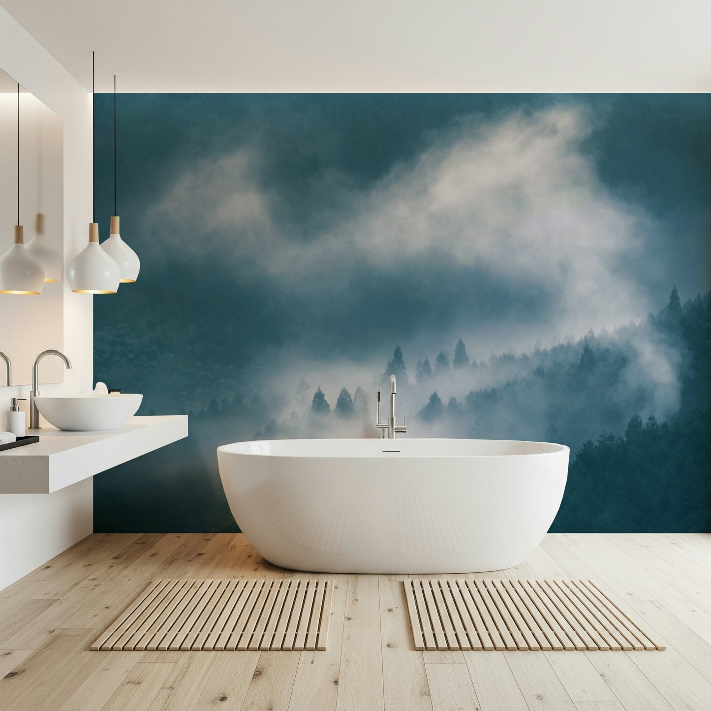 Vivid Indigo Woodland Sentinel, a wall mural of a hazy jungle.