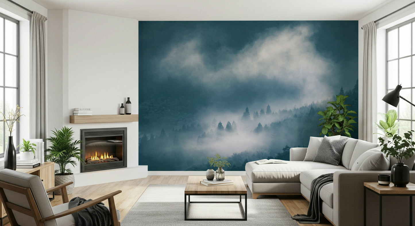 Indigo Woodland Sentinel wall mural, a deep blue, dreamy forest view.