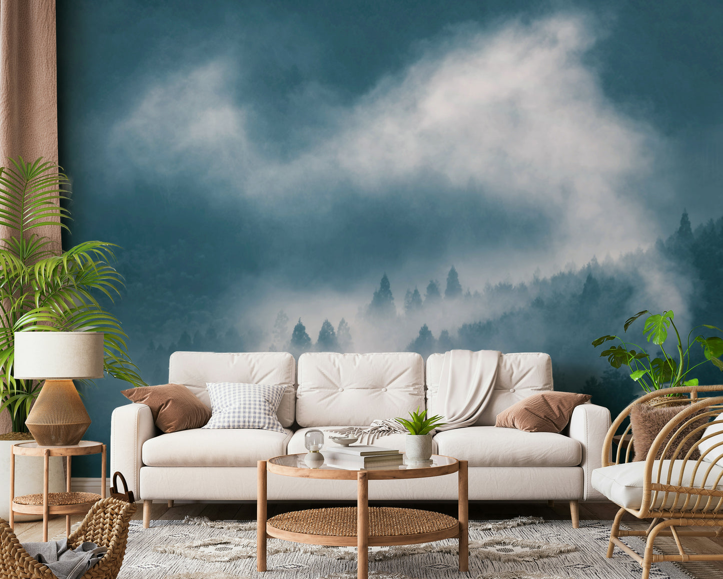 Striking indigo decor, foggy mountain slope, scenic mural.