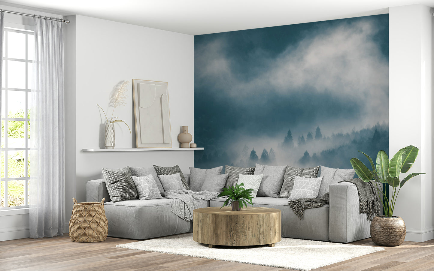 Indigo Woodland Sentinel wallpaper for walls, ethereal fog swirling high.