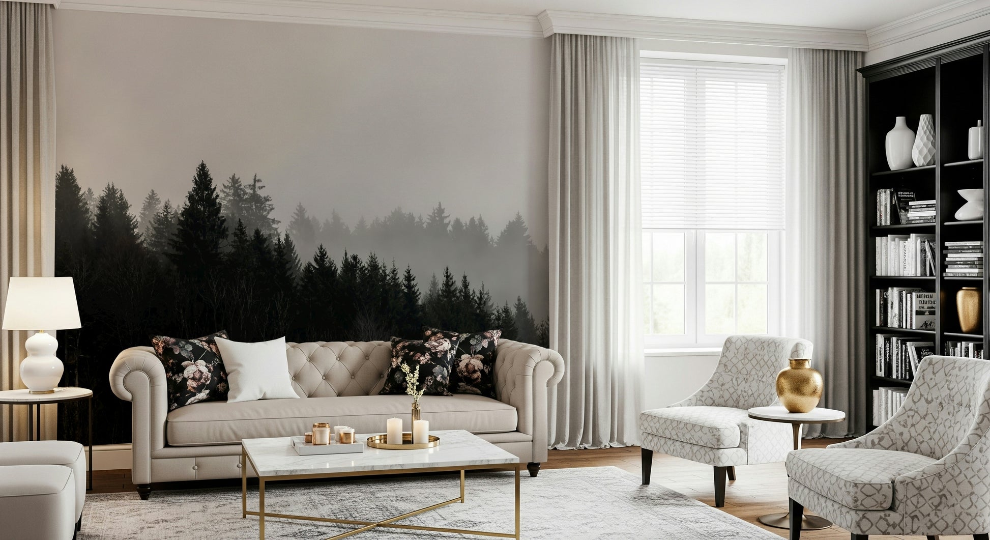 Canyon Woodland Haze mural wallpaper, somber evergreens in heavy fog.