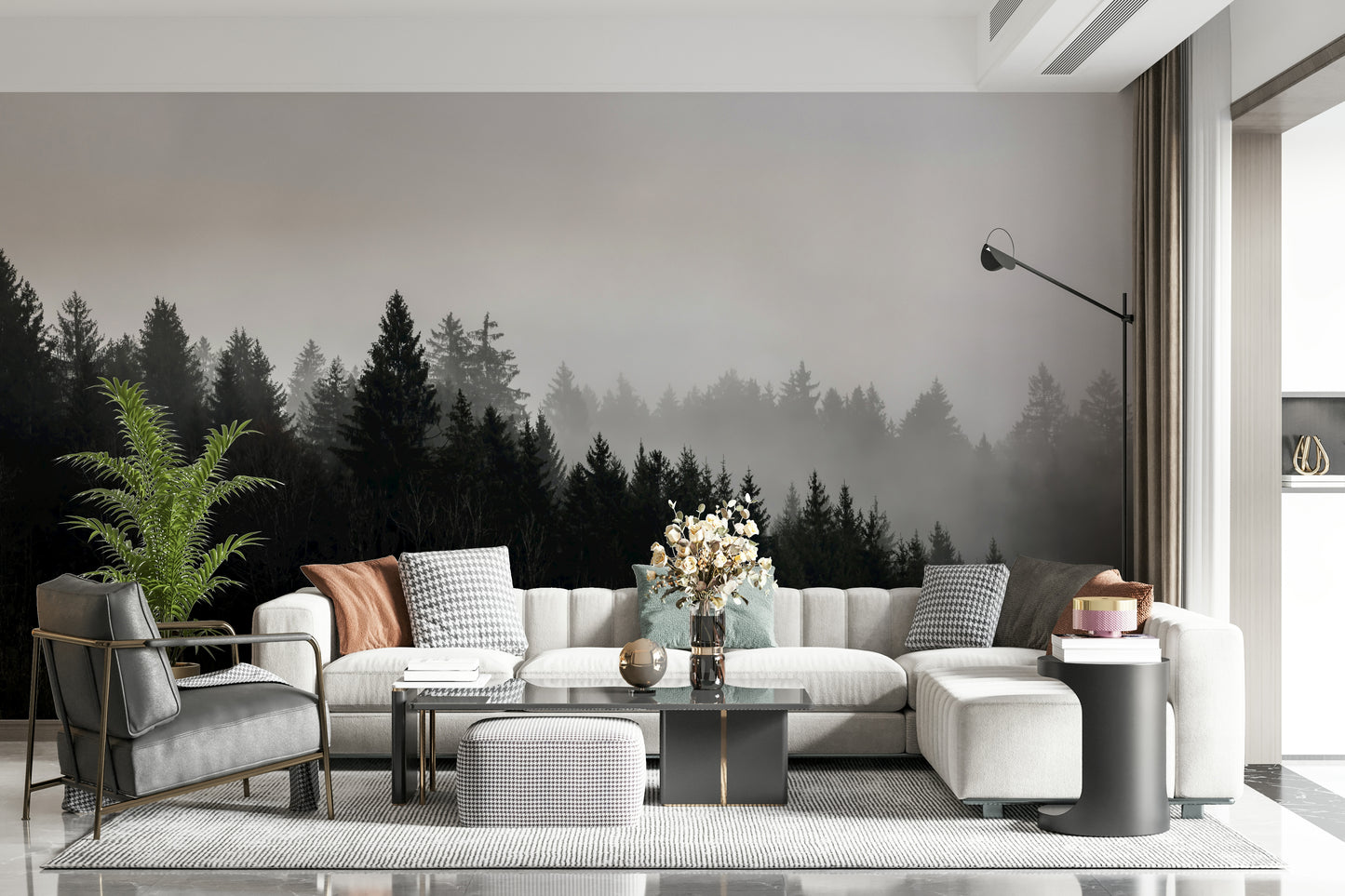Captivating fog and shadowy pines, a Canyon Woodland Haze mural.