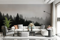 Captivating fog and shadowy pines, a Canyon Woodland Haze mural.