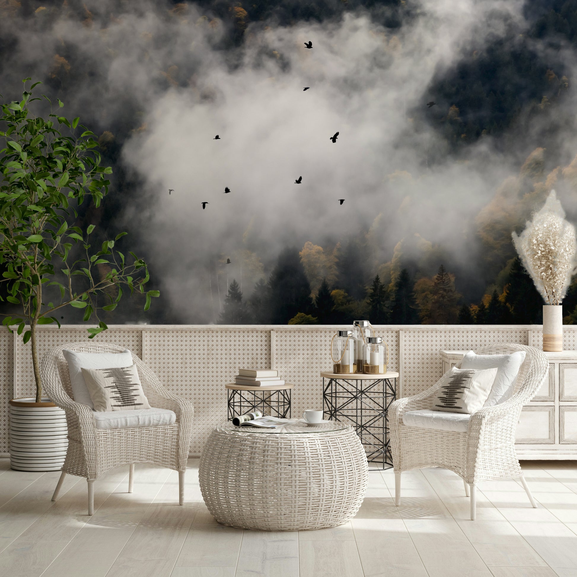 Woodland Flock in Fog wallpaper, dark forest, mystical birds flying.