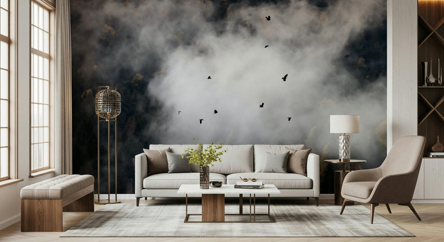 Forest wallpaper for walls, ethereal fog, birds soaring, spooky ambiance.