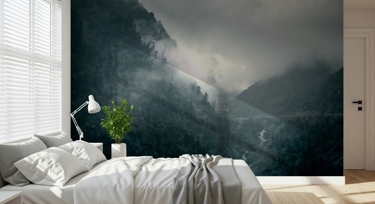 Misty Woodland Cascade, damp forest, looming mountains, intense natural view.