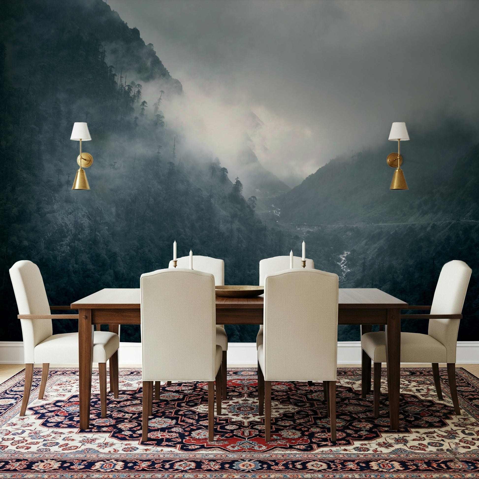 Vast mountainous scene, low-lying fog, powerful cascade, striking wall art.