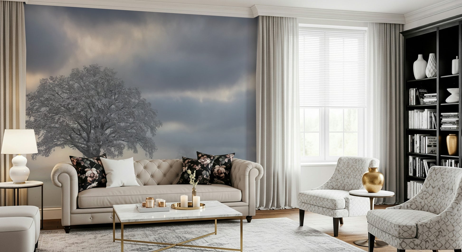 Tranquil winter scene, forest wallpaper, calming natural beauty print.