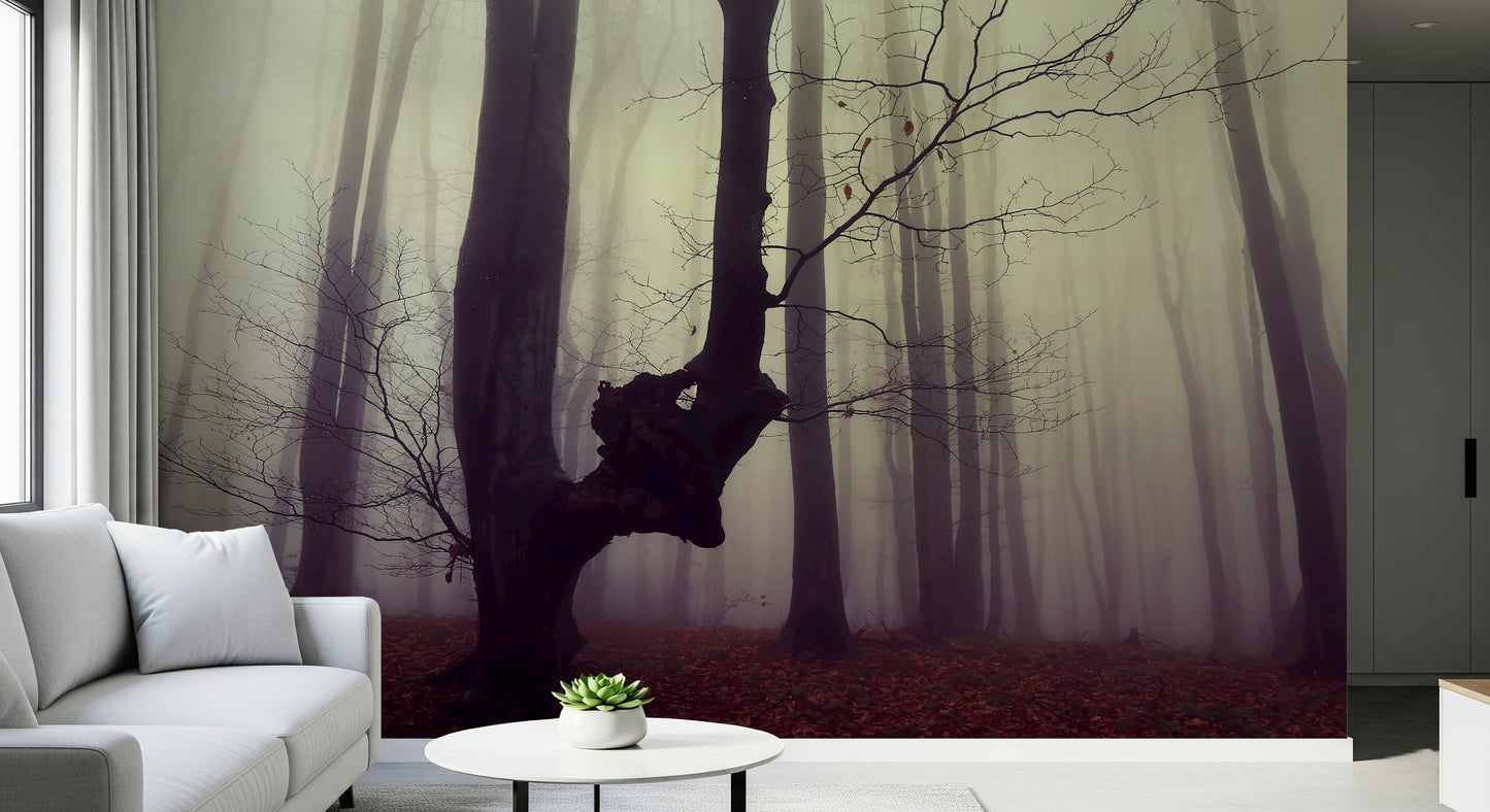Haunting Gothic Forest mural, spooky nature view, dark mood wall art.