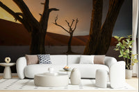 Mystical Arid Woodland Ghost landscape wallpaper, skeletal tree branches.