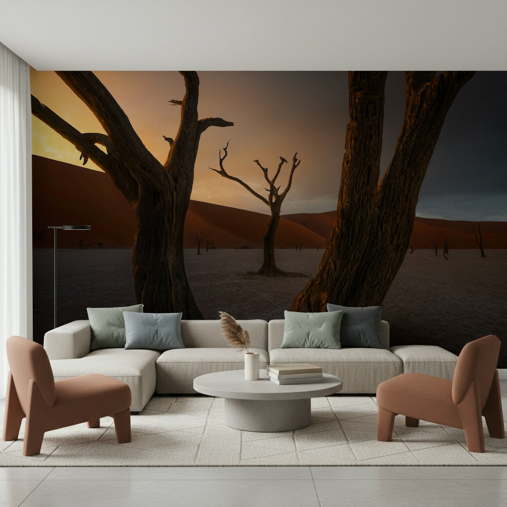 Barren Arid Woodland Ghost plain wallpaper for walls, surreal desert beauty.
