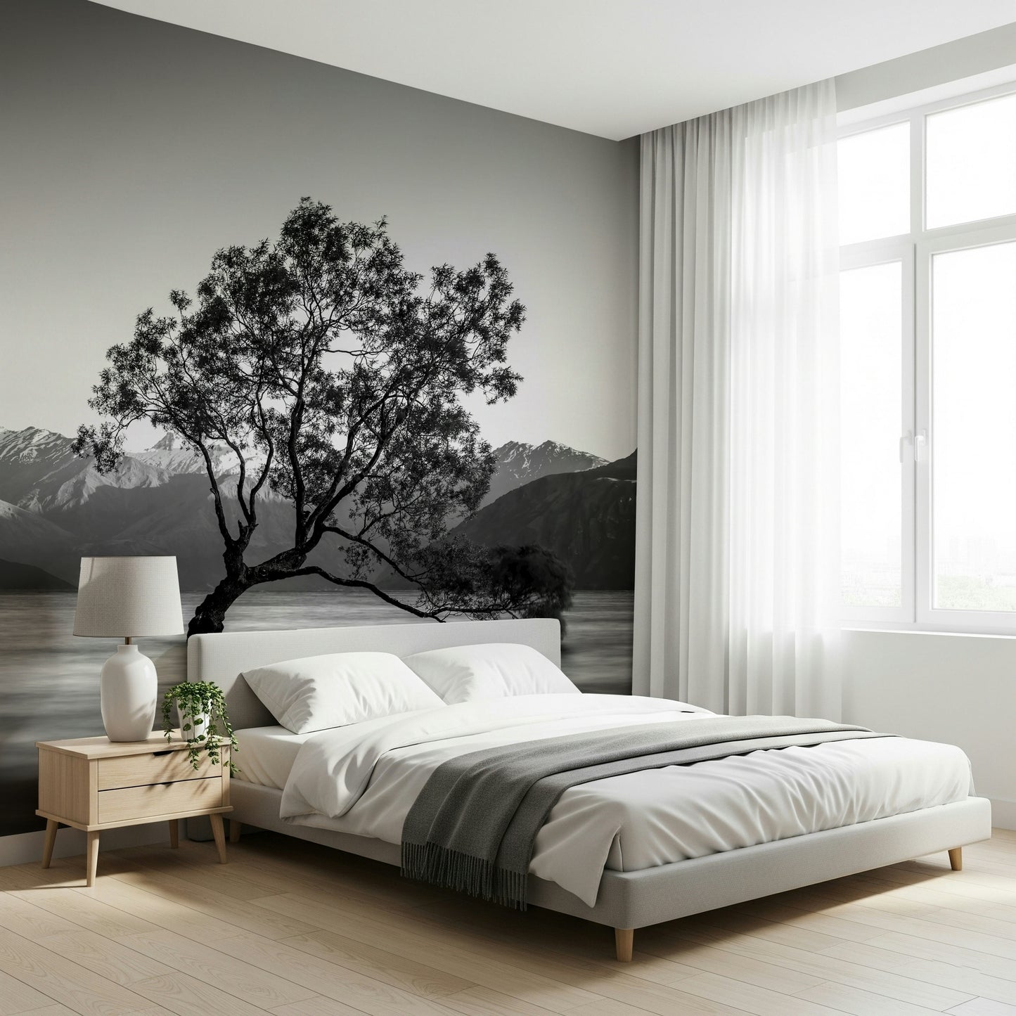 Lonely tree silhouette against bright sky in Solitary Woodland wallpaper print.