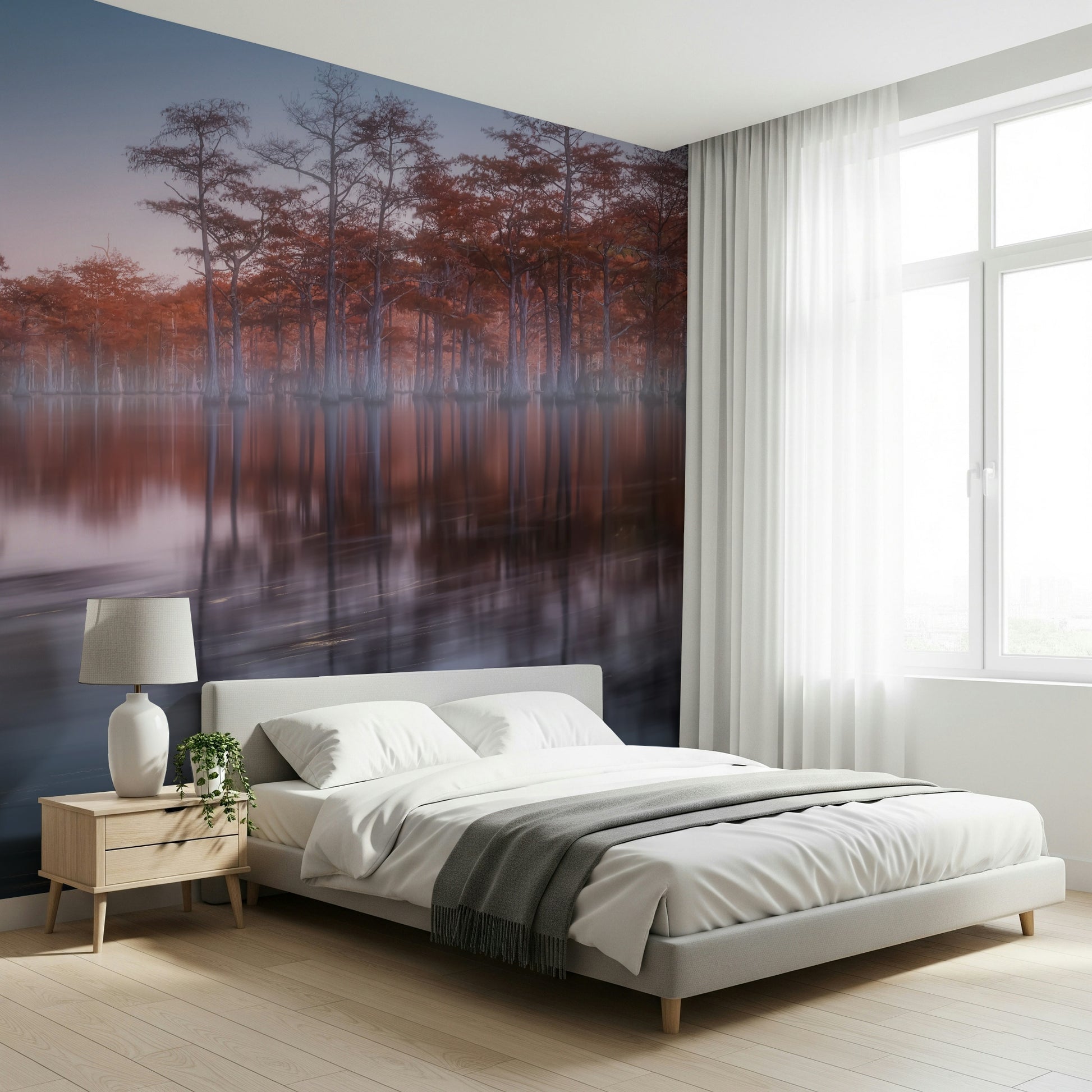 Woodland Twilight Lagoon mural wallpaper for living room with serene nature theme.