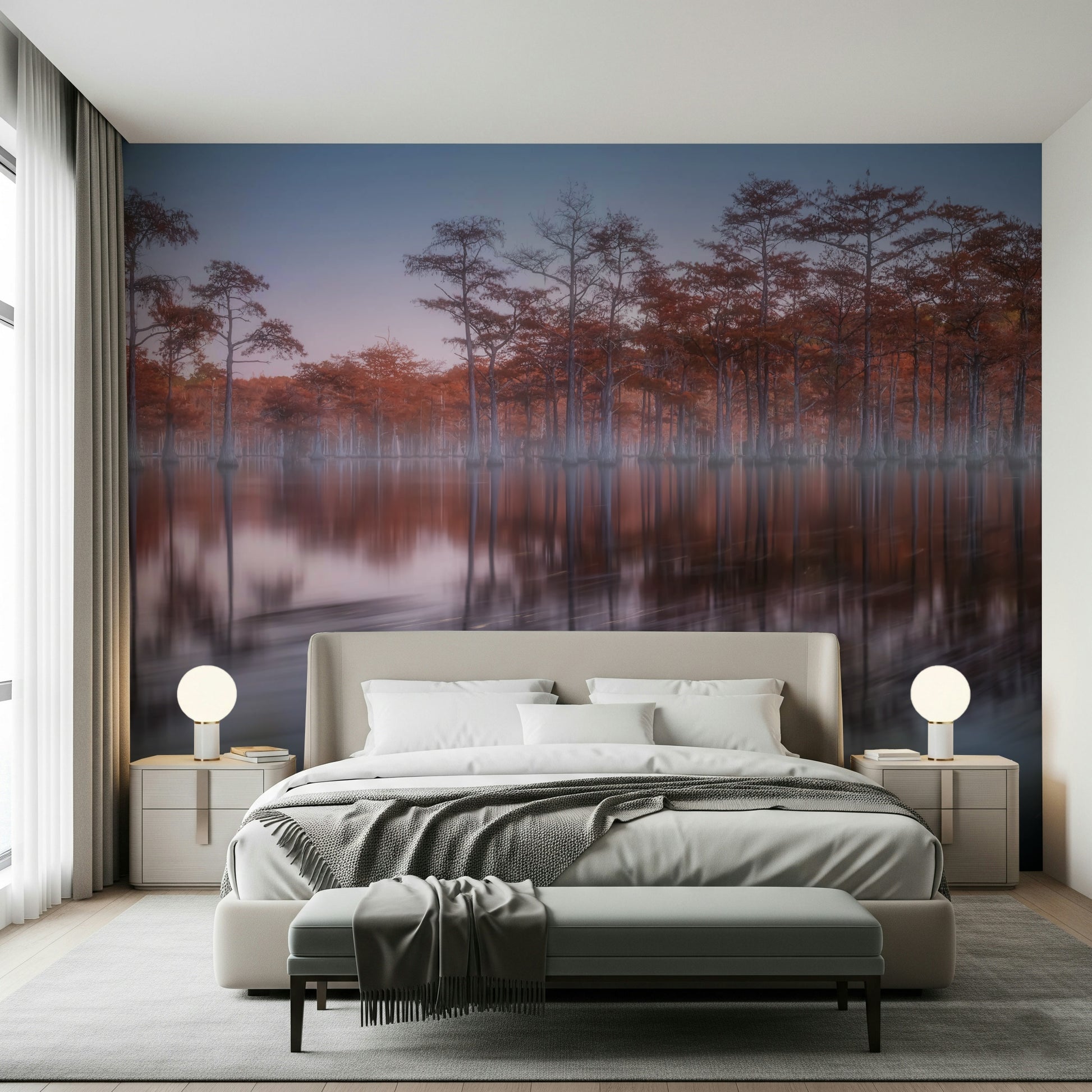 Dreamy misty forest reflection wall mural capturing Woodland Twilight Lagoon aesthetics.
