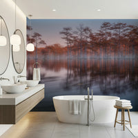 Misty red trees over calm water in Woodland Twilight Lagoon wallpaper design.