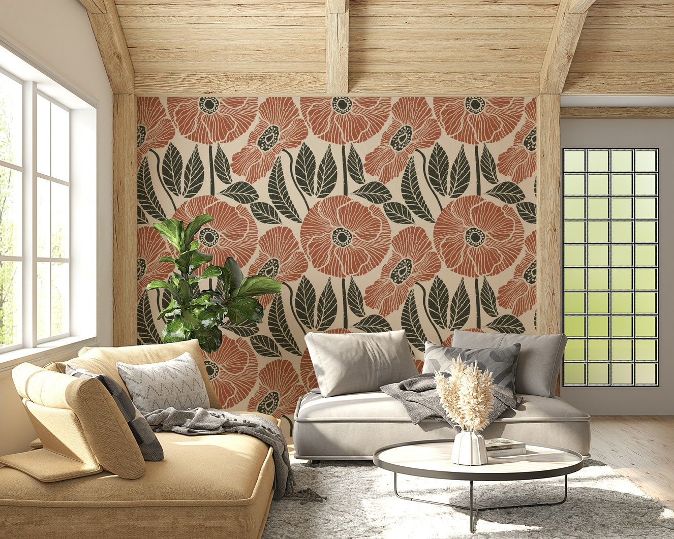 Large stylized poppy flowers on Poppy Floral Modern Rustic Block wallpaper.