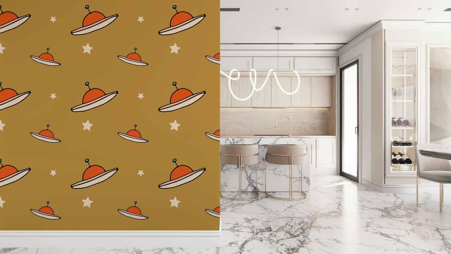 Hand-drawn sky craft, cosmic wall art, Vintage UFO Mustard fun covering.