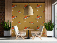 Playful alien ships, antique yellow wall mural, Minimal Vintage UFO Mustard.