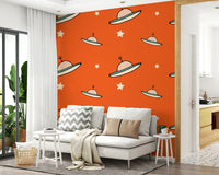 Retro futurism wall paper, Vintage spacecraft drawing, vibrant Orange art print.