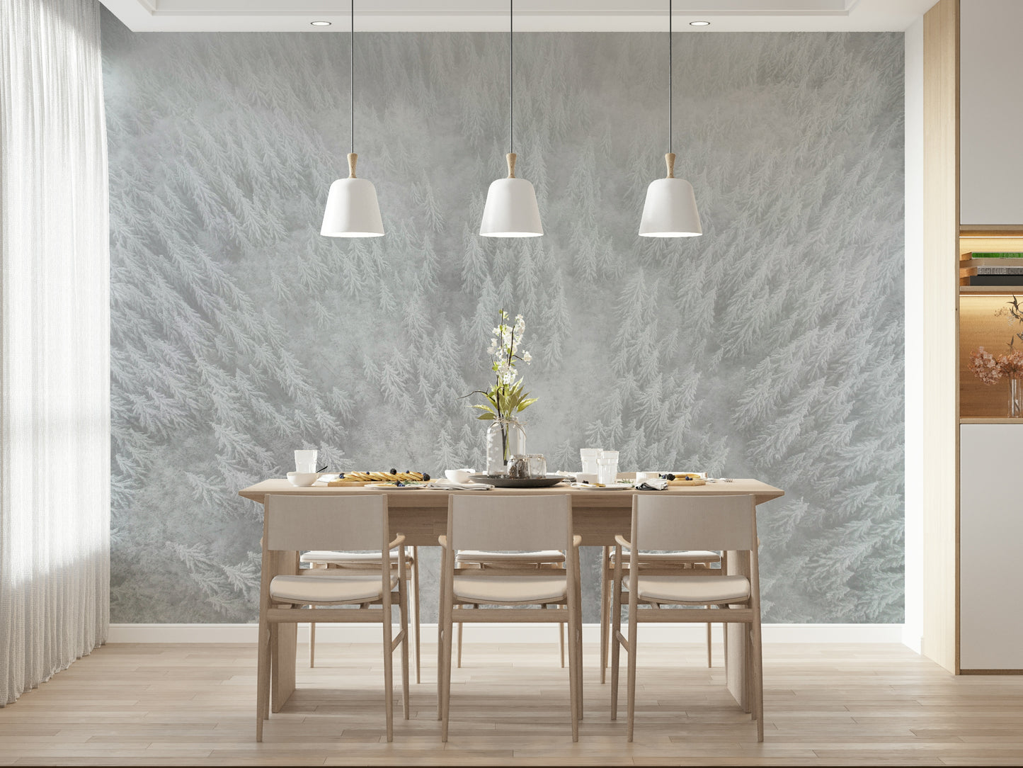 Frosted pine wall mural, snowy tree texture, elegant light gray winter wall design.