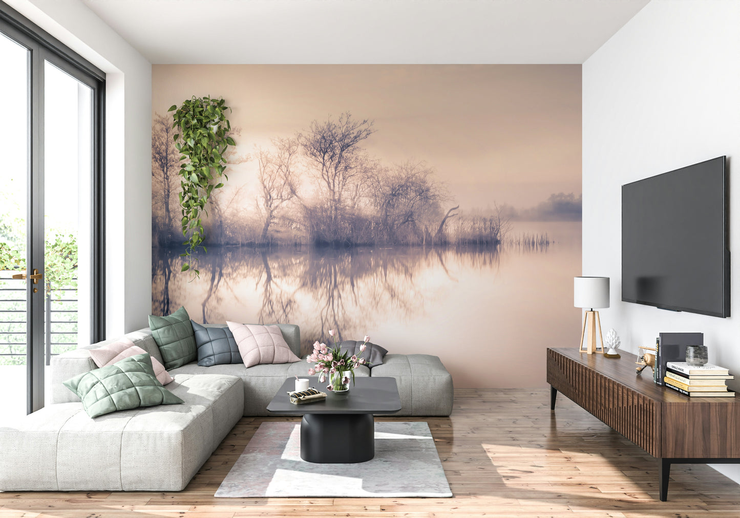 Serene Reflections water scene wall mural, calming tones and natural beauty.