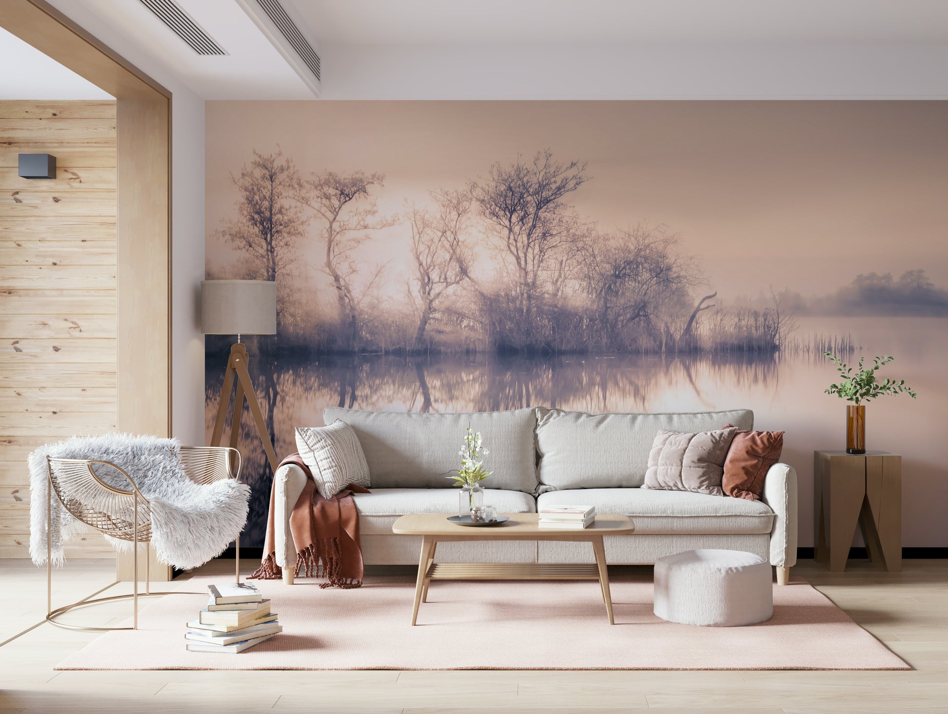 Serene Reflections wall mural capturing a foggy waterscape.