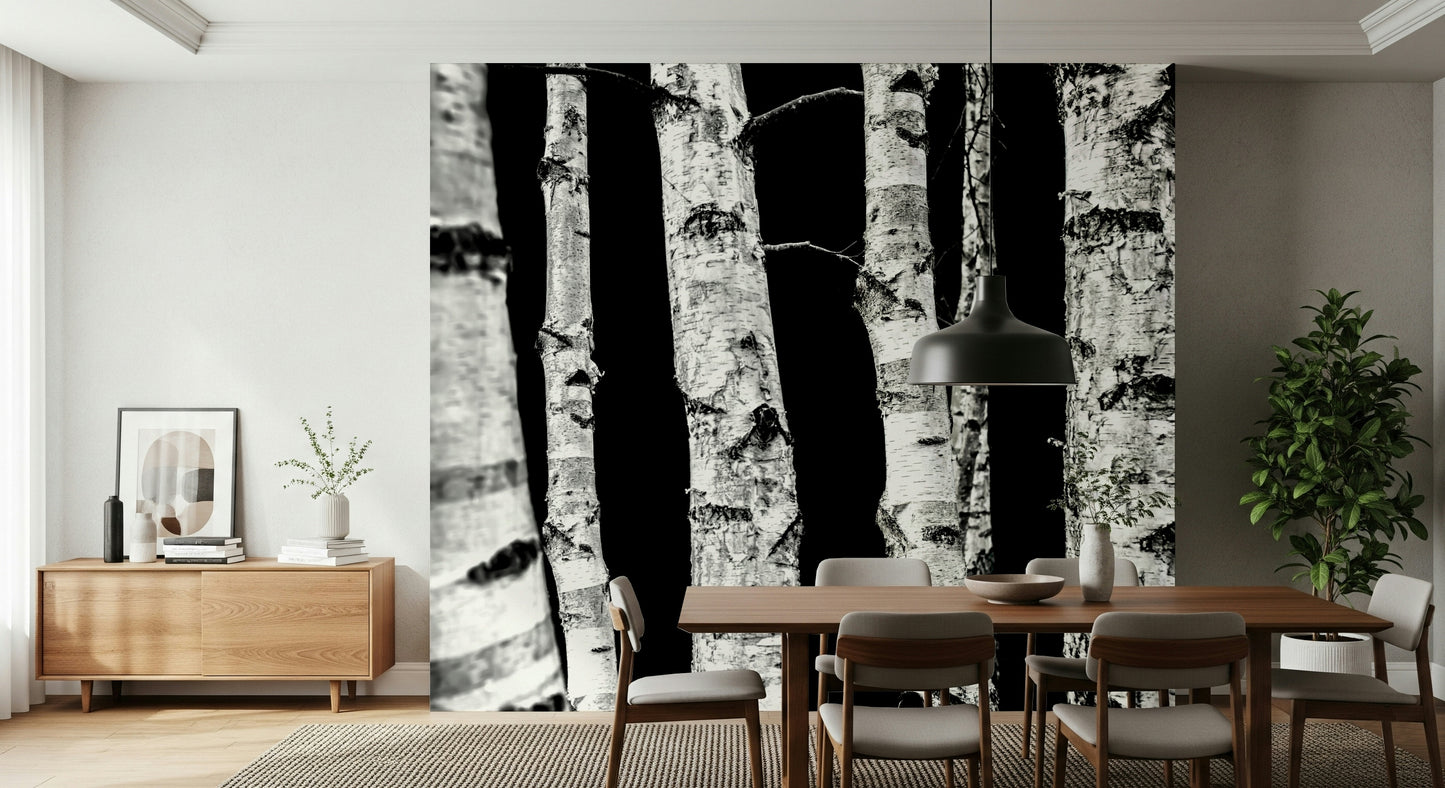 Decorative woods wallpaper mural with detailed tree texture.