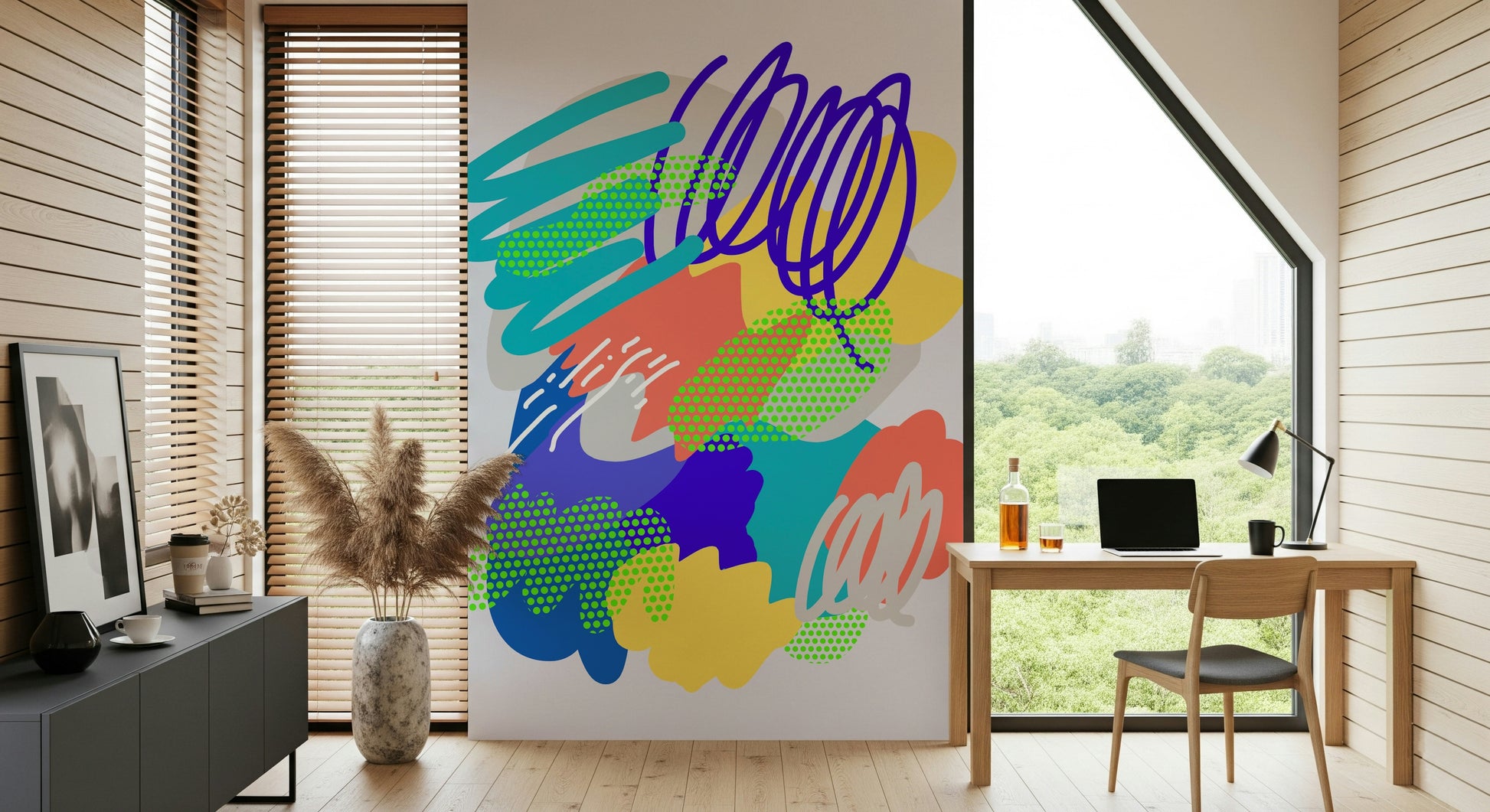 Wonders2 abstract wall mural, vibrant neon doodle pattern.