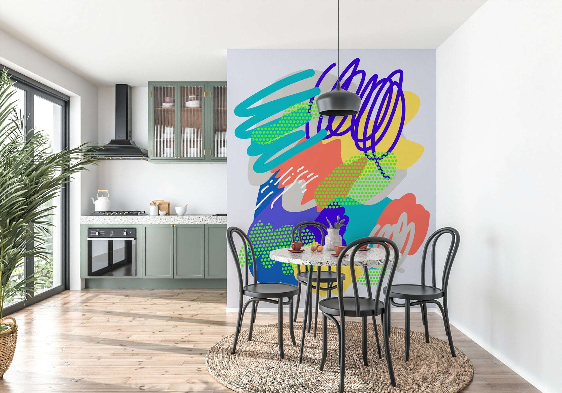 Pop art inspired mural, electric lime dots, amazing Wonders2 décor.