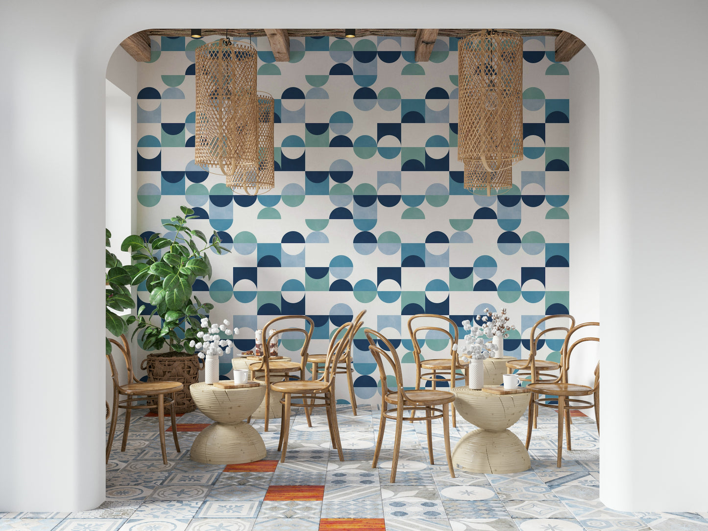 Abstract design Aqua Harmony wallpaper, modernist geometric pattern.