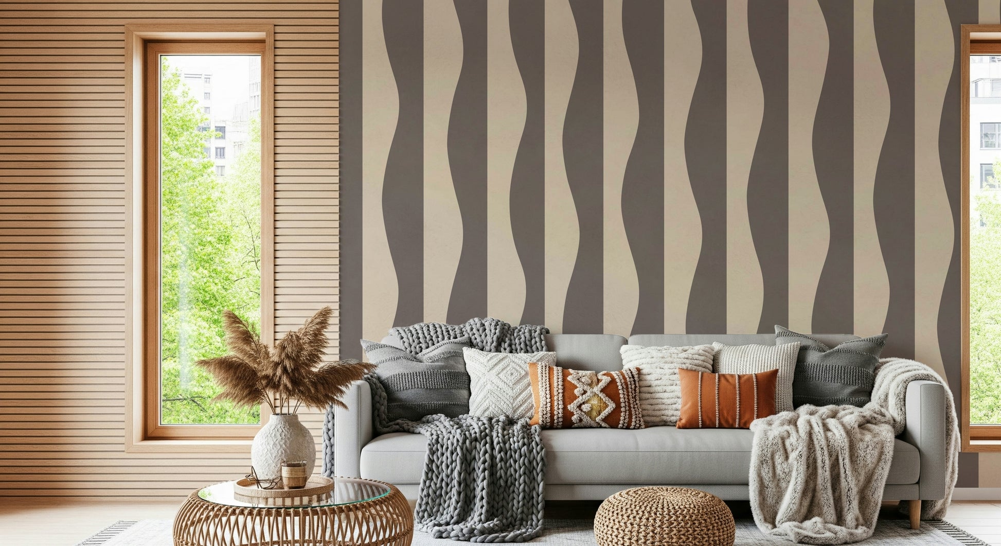 Groovy Stripes wallpaper mural: Wavy, vertical, retro pattern, gray, cream.