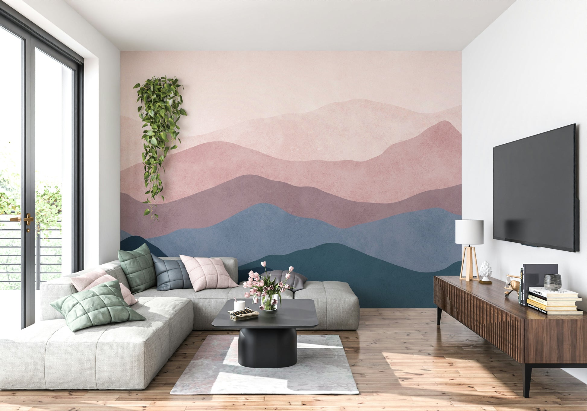 Sloping Mountain Dreams wallpaper. Deep shadows highlighting curves. Inspiring wall design.