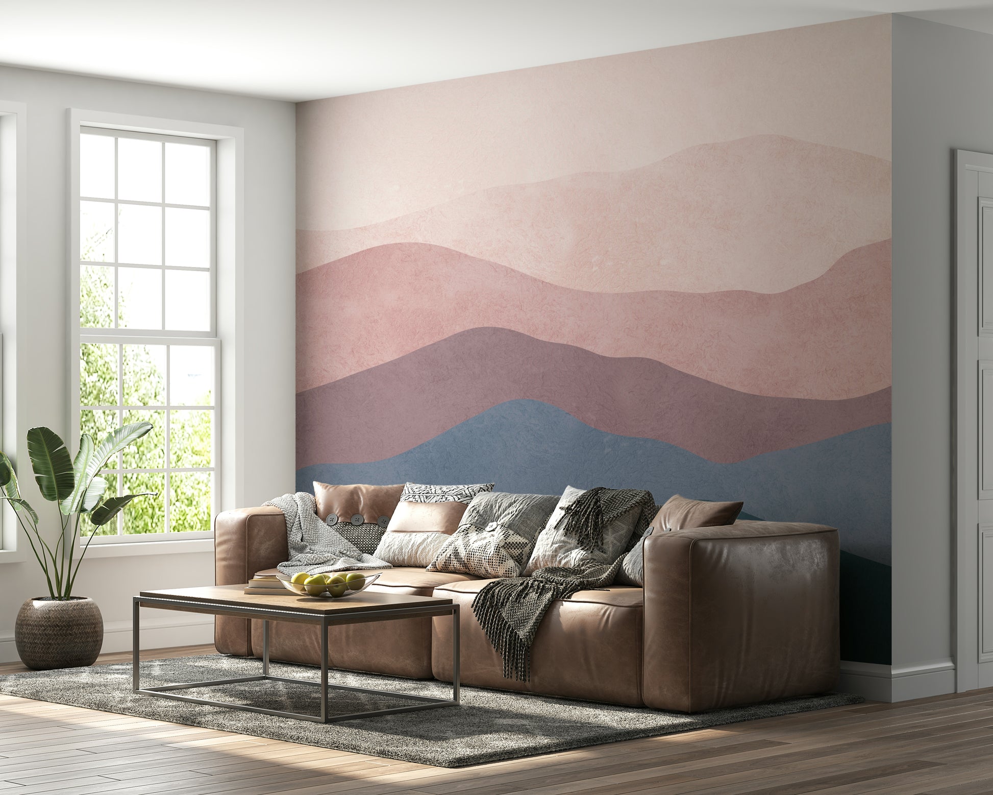 Bohemian Mountain Dreams wall mural. Earthy tones range display. Unique wall pattern.