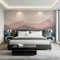 Serene Mountain Dreams wall mural. Dusty rose indigo gradient view. Nature décor.