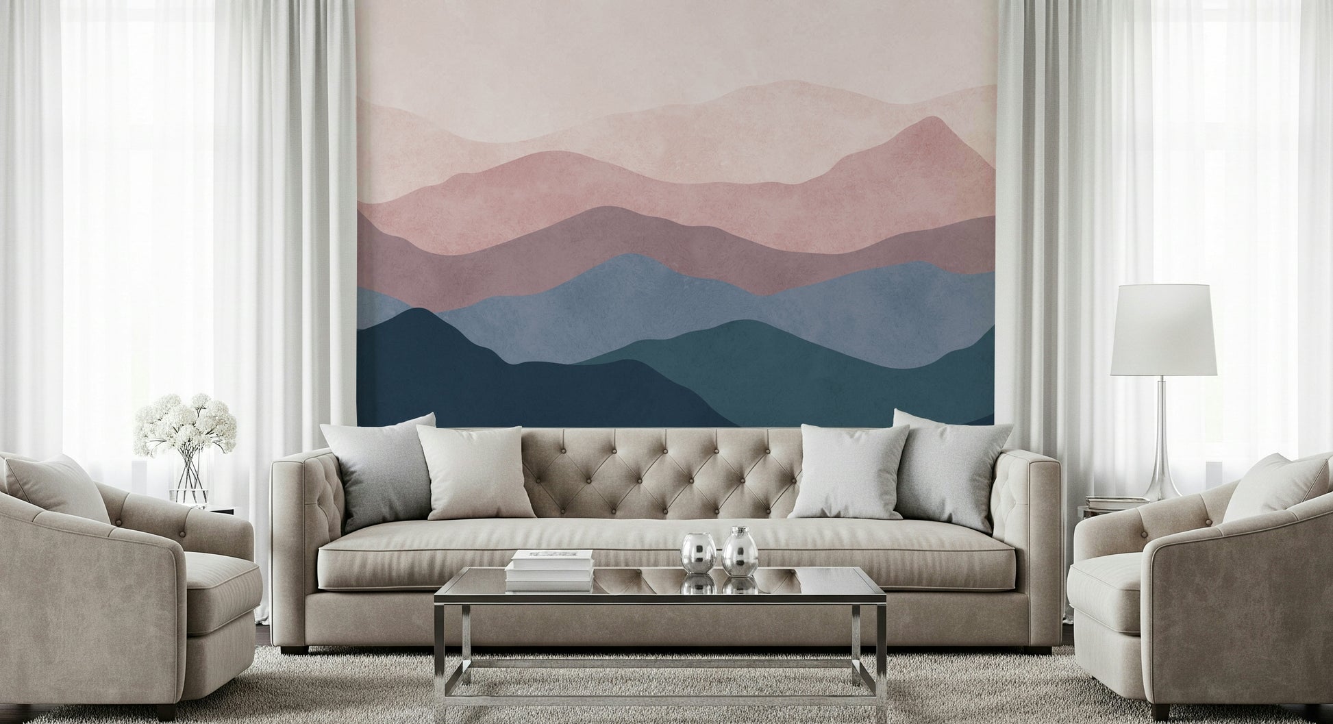 Soothing Mountain Dreams mural. Faded geometric layers. Atmospheric home wall covering.