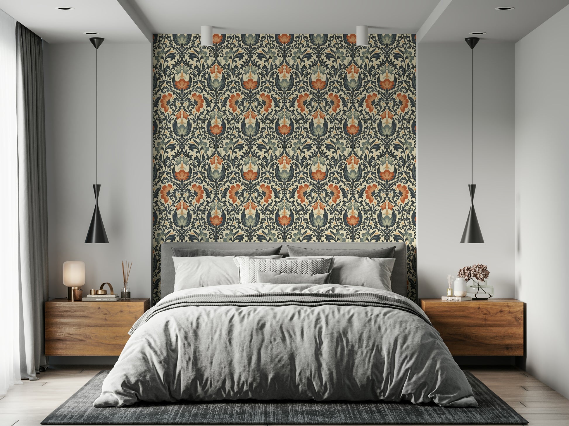 Classic ornamental wall mural, dense foliage pattern, vibrant flower shapes.