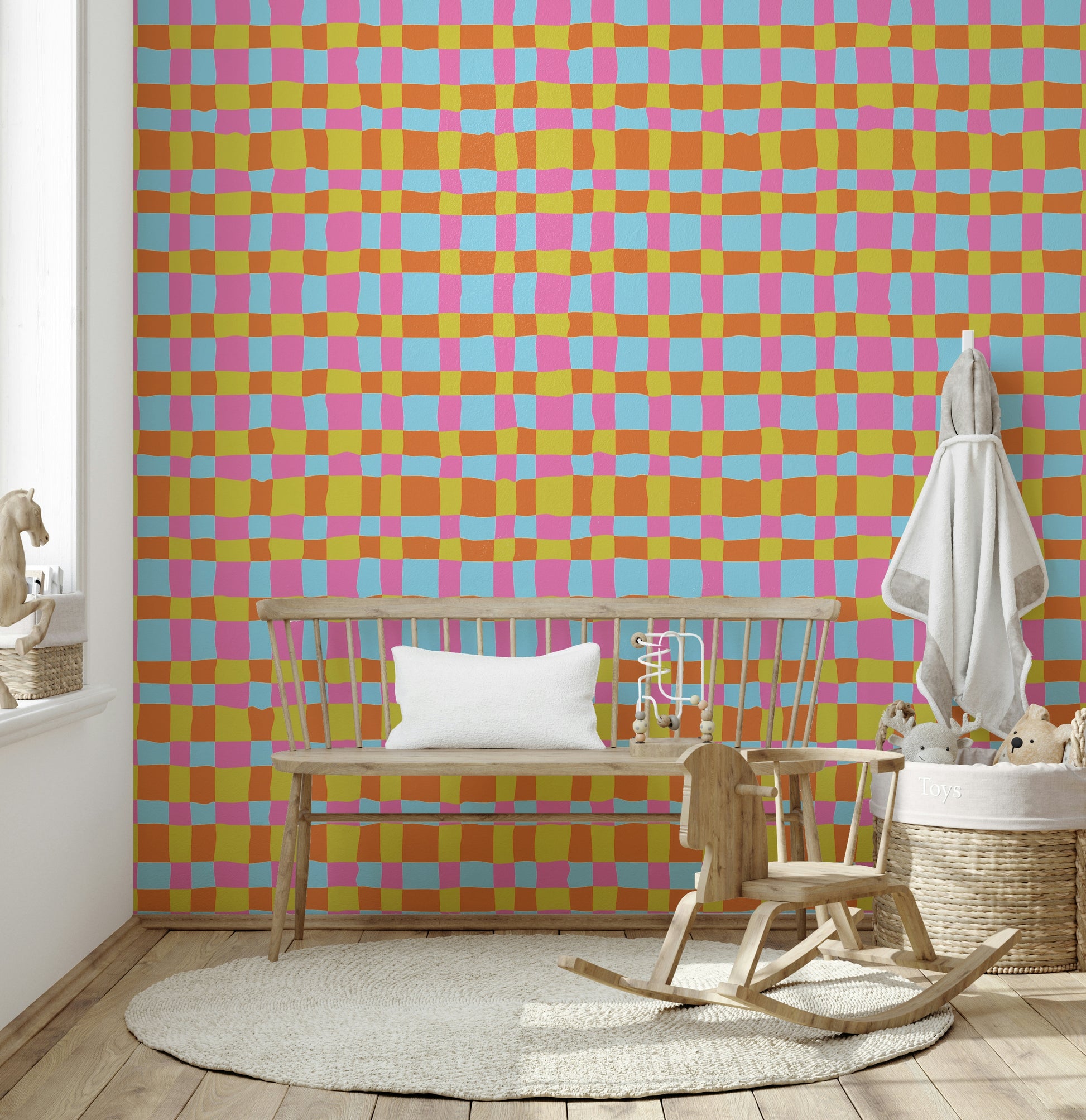 Vibrant Quilt Blocks mural, zany gingham, exuberant colors.