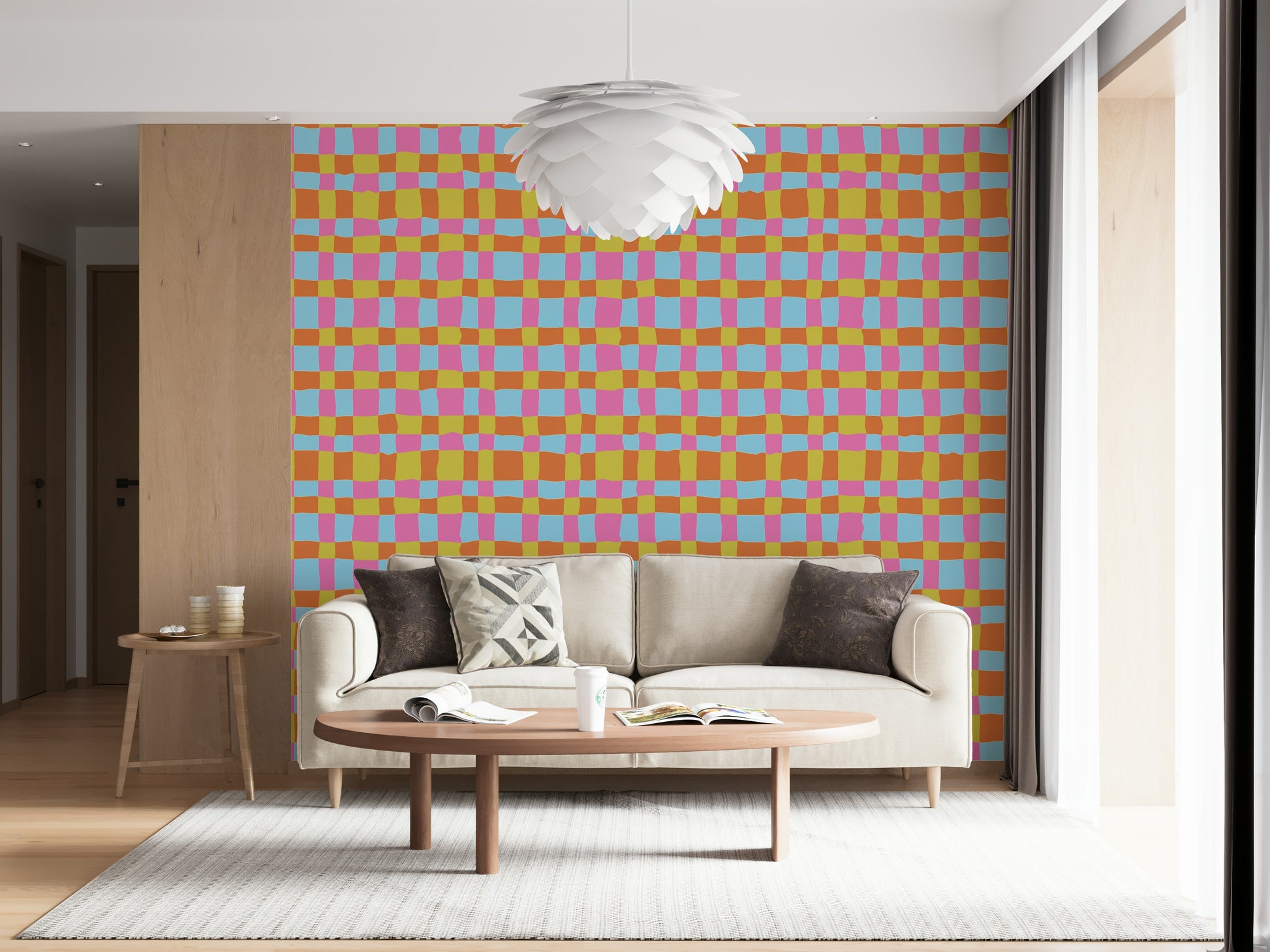 Wallpaper for walls, Vibrant Quilt Blocks, playful checkered pattern.