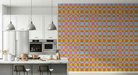 Vibrant Quilt Blocks mural, kaleidoscopic grid, glorious mid-century feel.