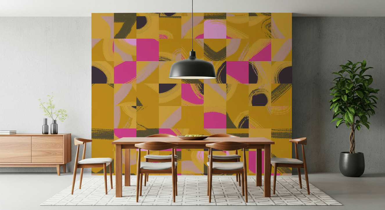 Wallpaper for walls, Mosaic Brushstrokes Abstract, energetic cubist design.