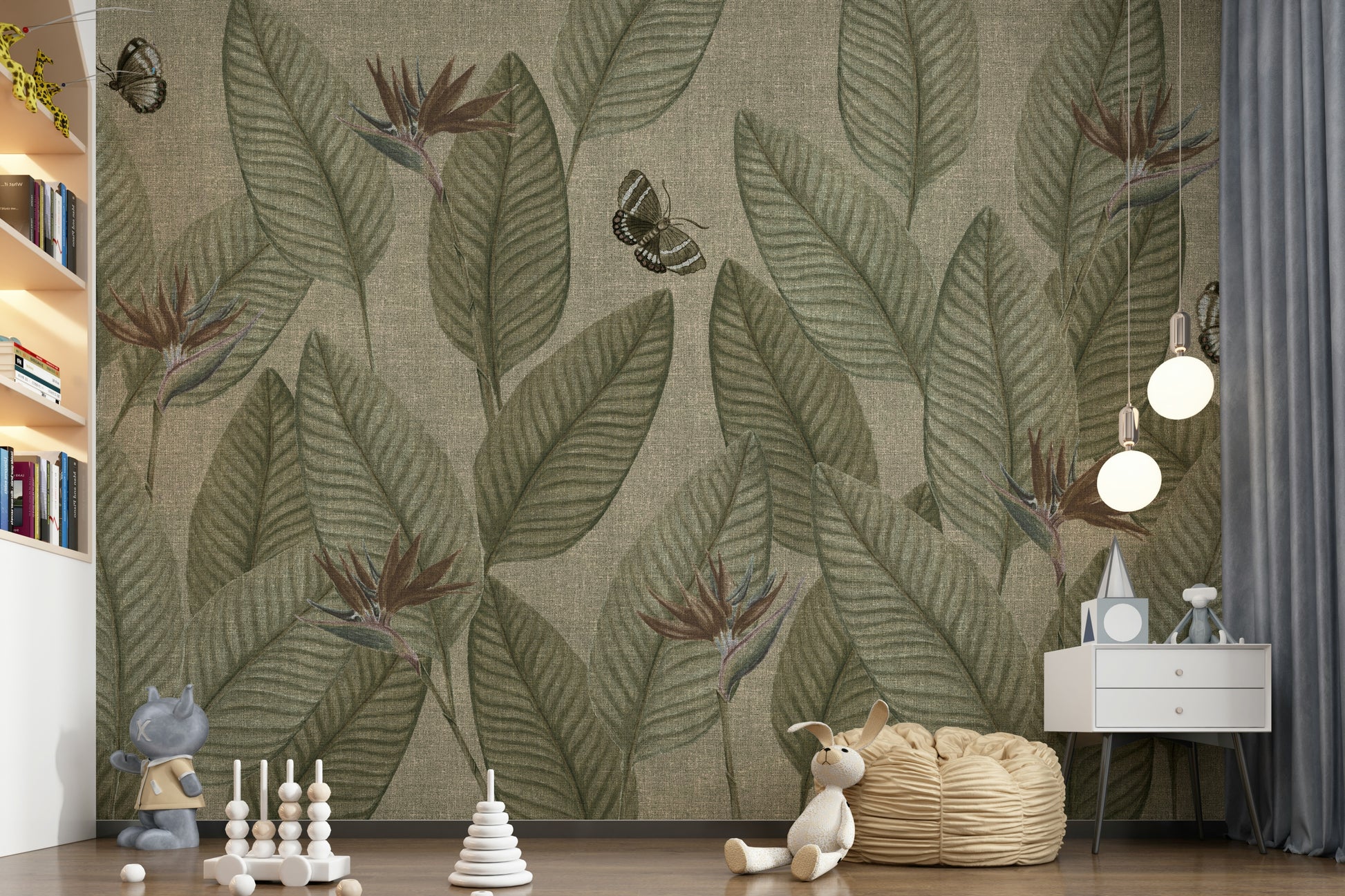 Khaki background tropical motif on Jungle Life Antique accent wall.