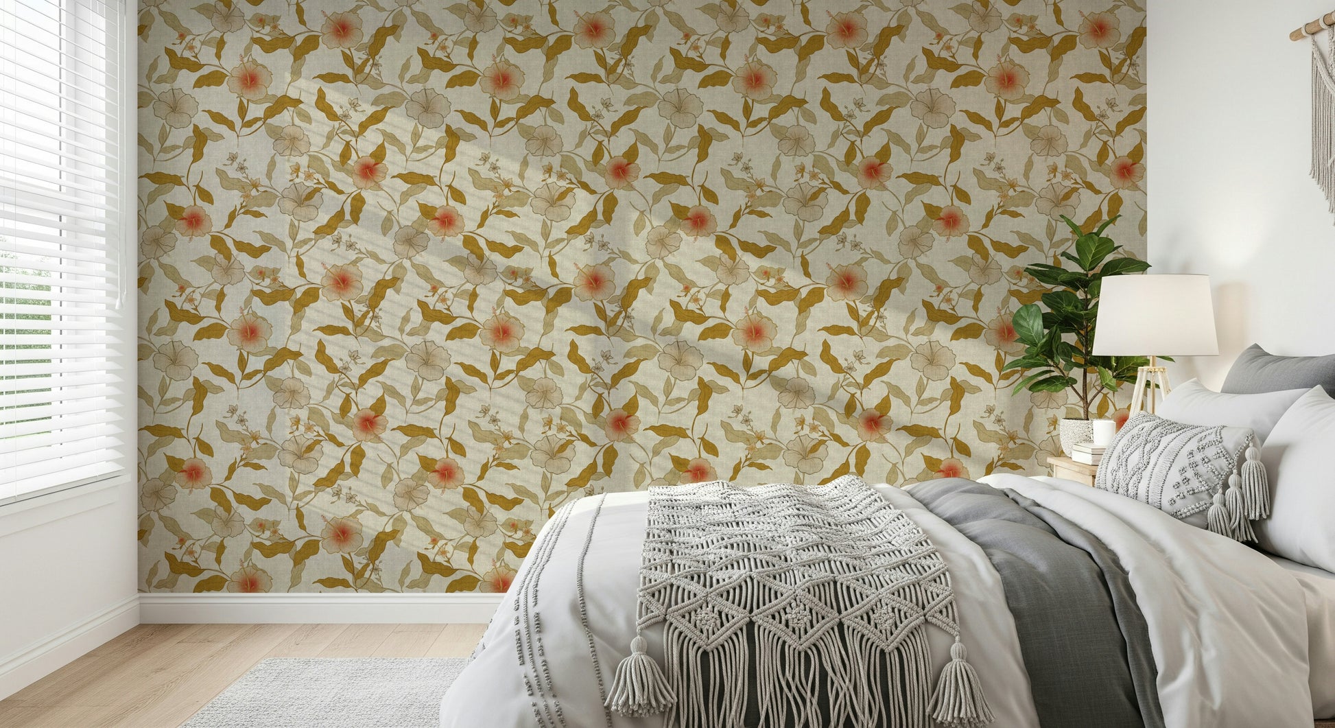 Symmetrical organic effect Faded Tropical Floral light wallpaper.