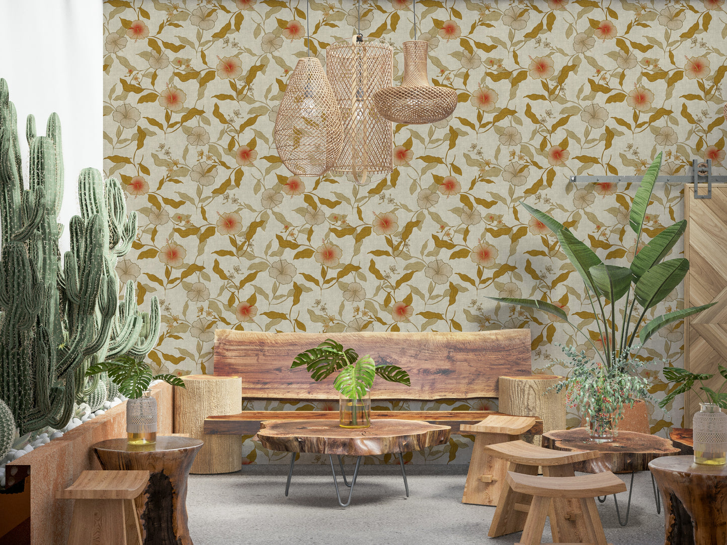 Classic botanical wall covering Faded Tropical Floral removable.