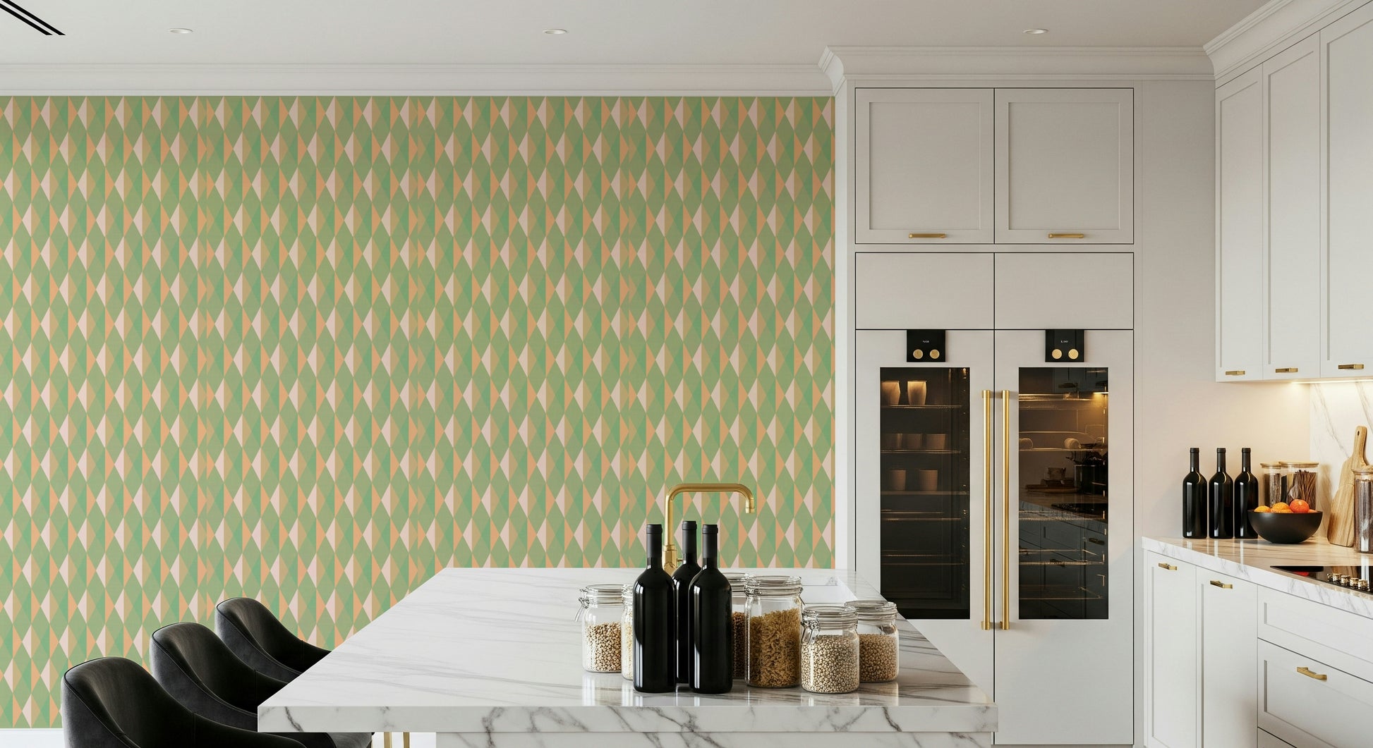 Charming soft hued geometric Mint & Peach Triangles mural.