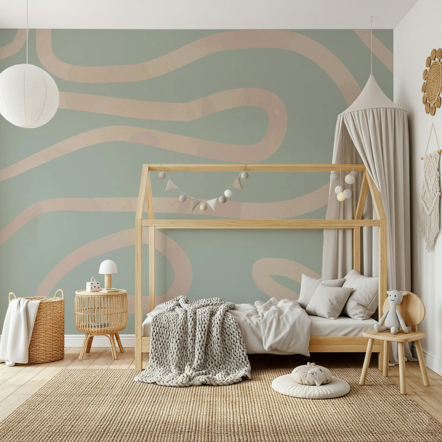 Muted green abstract peel and stick continuous curvy design.